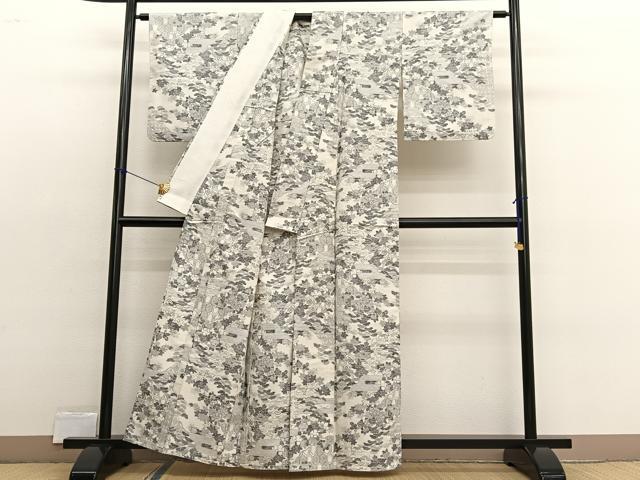 平和屋着物▽小千谷紬 本真綿織 単衣 有職花文 反端付き 正絹 逸品 BAAX2561hv