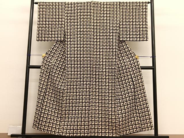 平和屋着物▽上質なお召 単衣 格子柄 正絹 逸品 BAAX2564hv