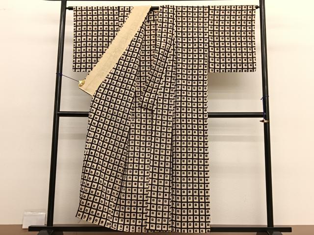 平和屋着物▽上質なお召 単衣 格子柄 正絹 逸品 BAAX2564hv