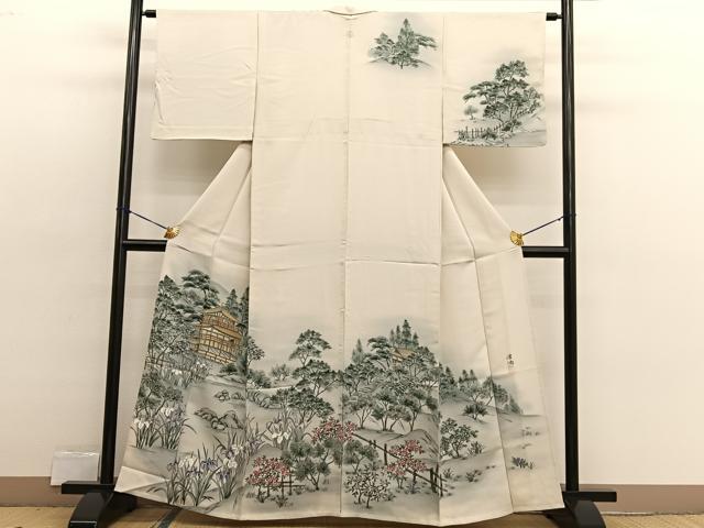 平和屋着物▽訪問着 単衣 作家物 手描き 金閣寺 暈し染め 正絹 逸品 BAAX2582hv