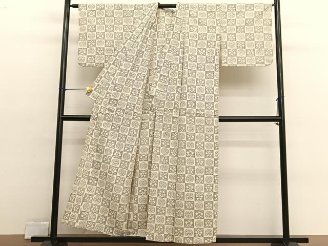 平和屋着物▽上質な紬 単衣 市松七宝花文 正絹 逸品 BAAX2584hv