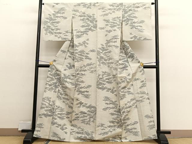 平和屋着物▽上質な紬 単衣 樹木文 正絹 逸品 BAAX2586hv