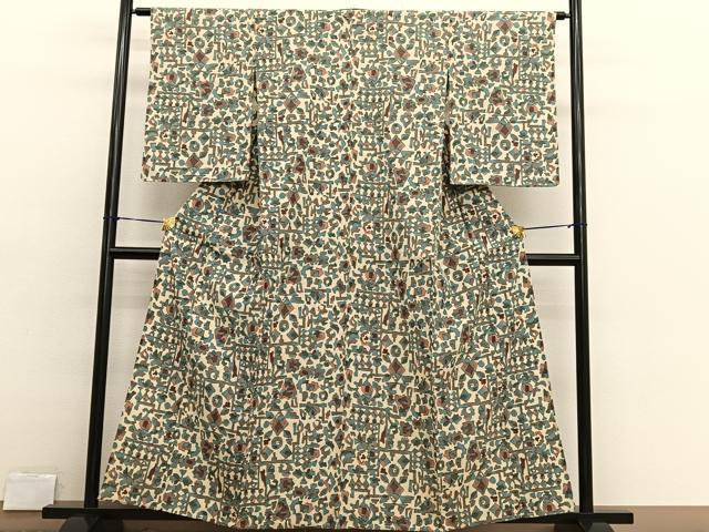 平和屋着物▽上質なお召 単衣 抽象文様 正絹 逸品 BAAX2604hv