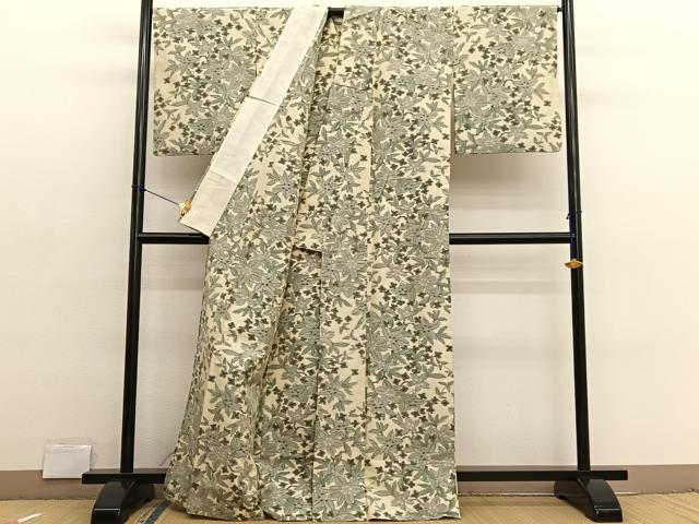 平和屋着物▽上質な紬 単衣 草花文 正絹 逸品 BAAX2635hv