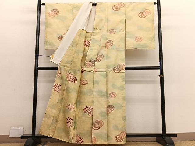 平和屋着物▽上質な紬 単衣 七宝文 正絹 逸品 BAAX2642hv