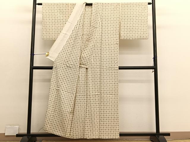 平和屋着物▽上質な紬 単衣 菱文様 正絹 逸品 BAAX2650hv