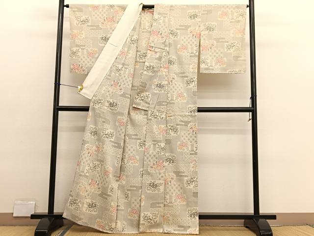 平和屋着物▽本塩沢 単衣 色紙花文 正絹 逸品 BAAX2653hv