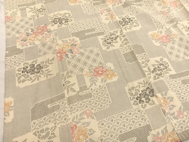 平和屋着物▽本塩沢 単衣 色紙花文 正絹 逸品 BAAX2653hv