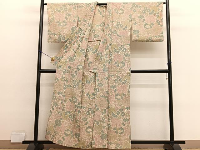 平和屋着物▽上質なお召 単衣 牡丹花文 正絹 逸品 BAAX2654hv