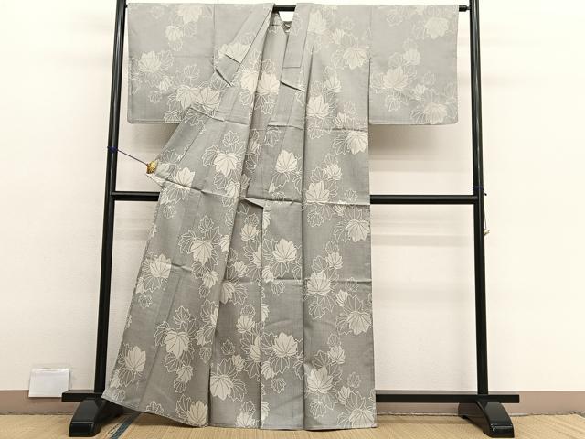 平和屋着物▽上質な紬 単衣 葡萄の葉 正絹 逸品 BAAX2666hv