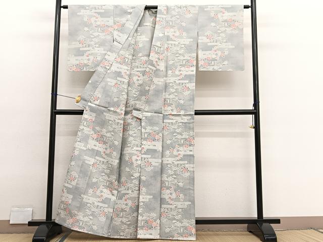 平和屋着物▽上質な紬 単衣 エ霞花文 正絹 逸品 BAAX2669hv