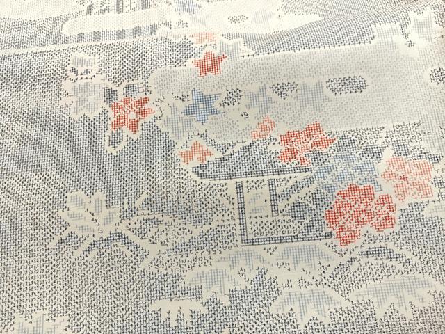 平和屋着物▽上質な紬 単衣 エ霞花文 正絹 逸品 BAAX2669hv