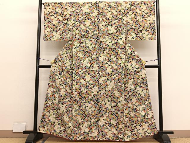 平和屋着物■上質な小紋 草花文 金彩 鬼しぼ縮緬 正絹 逸品 未使用 BAAX2733hv