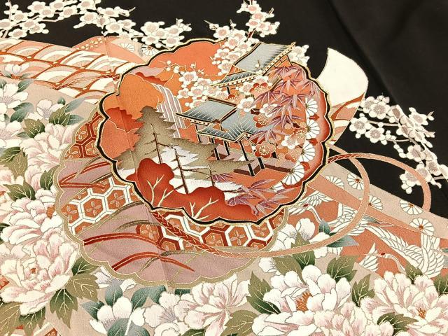 平和屋着物■豪華黒留袖 駒刺繍 風景花文 金彩 正絹 逸品 BAAX2761hv