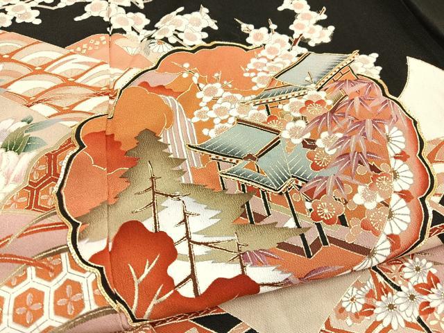 平和屋着物■豪華黒留袖 駒刺繍 風景花文 金彩 正絹 逸品 BAAX2761hv