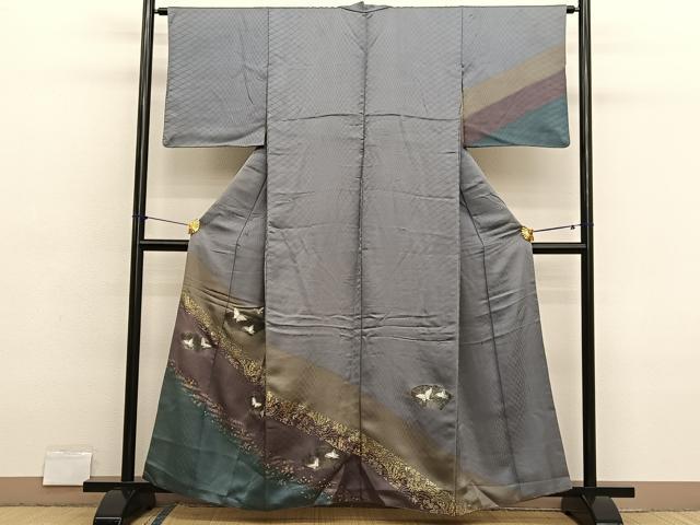 平和屋着物■訪問着 刺繍 地紙花蝶文 暈し染め 金銀彩 銀通し地 正絹 逸品 BAAX2777hv