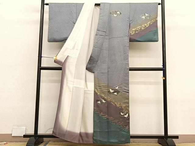 平和屋着物■訪問着 刺繍 地紙花蝶文 暈し染め 金銀彩 銀通し地 正絹 逸品 BAAX2777hv