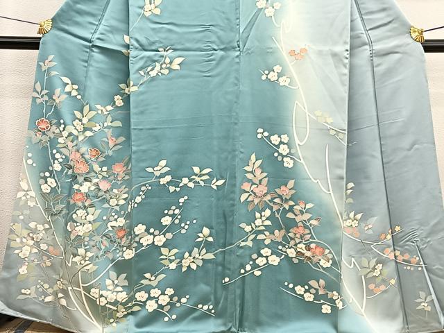 平和屋着物●訪問着 刺繍 利久織 先練緞子 椿 暈し染め 金彩 反端付き 正絹 逸品 BAAX2807hv