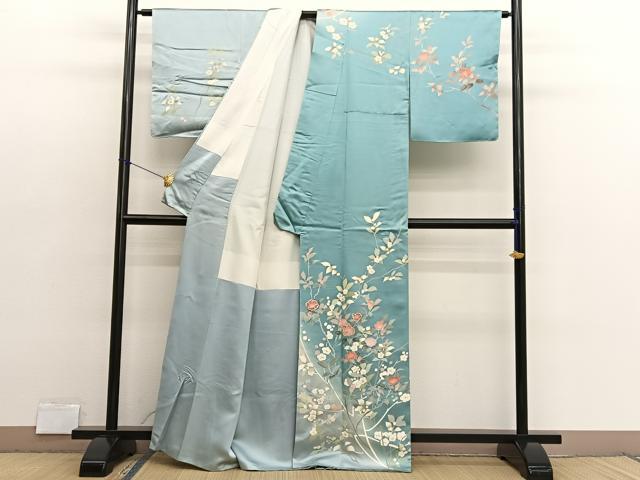 平和屋着物●訪問着 刺繍 利久織 先練緞子 椿 暈し染め 金彩 反端付き 正絹 逸品 BAAX2807hv