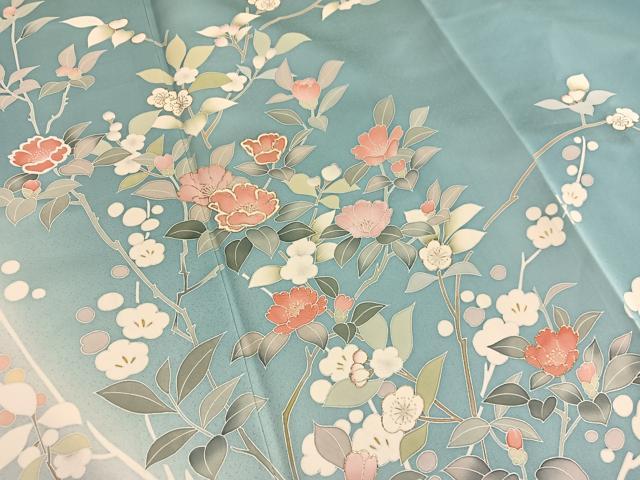 平和屋着物●訪問着 刺繍 利久織 先練緞子 椿 暈し染め 金彩 反端付き 正絹 逸品 BAAX2807hv