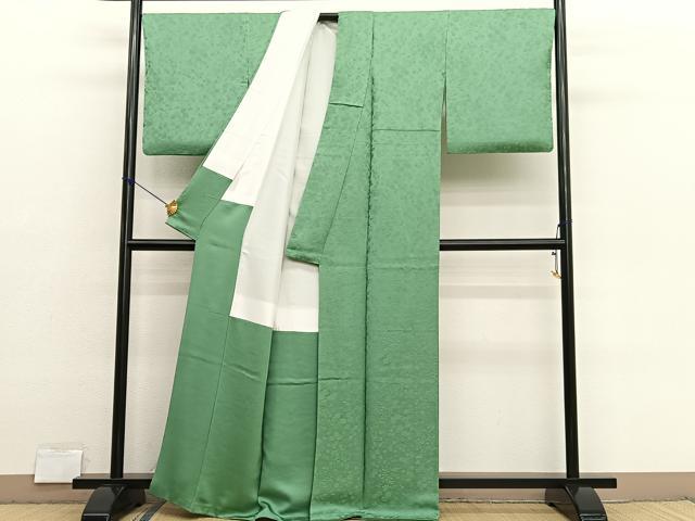 平和屋着物●上質な色無地 草花地紋 柳色 草木染 反端付き 正絹 逸品 BAAX2861hv