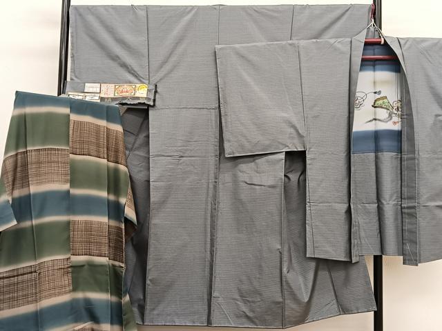 平和屋着物●男性 本場縞大島紬 アンサンブル 長襦袢(袷)セット 井田哲則作 格子 証紙付き 正絹 逸品 未使用 BAAX2865hv