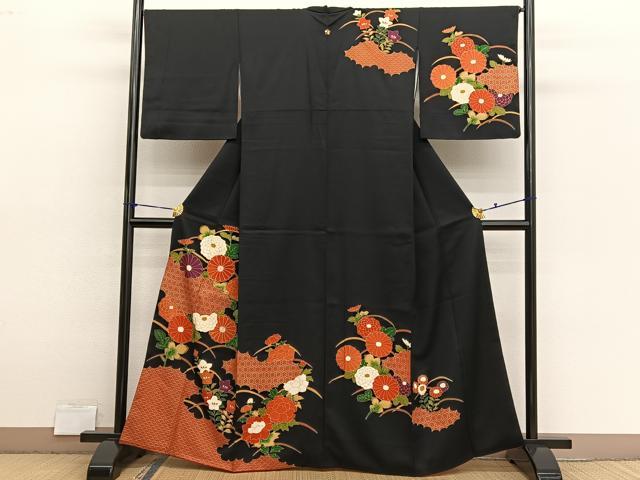 平和屋着物■訪問着 雲取り菊花文 黒地 金彩 正絹 逸品 BAAX2930hv