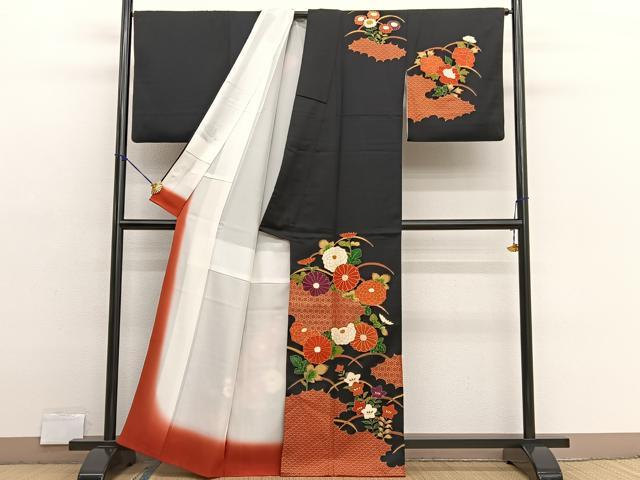 平和屋着物■訪問着 雲取り菊花文 黒地 金彩 正絹 逸品 BAAX2930hv