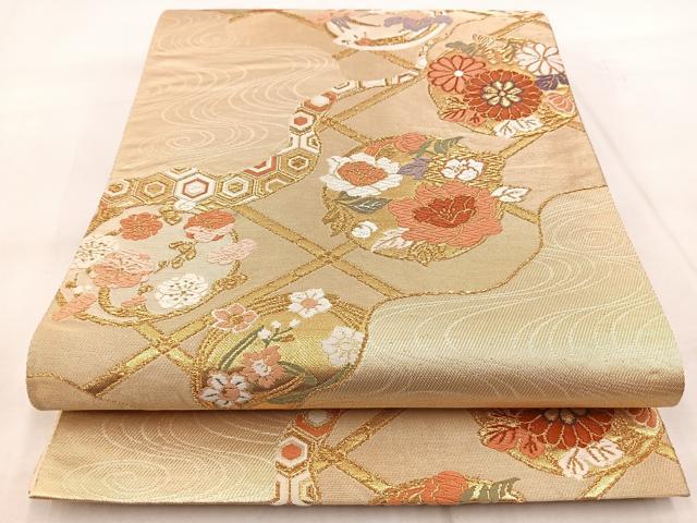 平和屋着物◎六通柄袋帯 唐織 流水花丸文 金糸 正絹 逸品 BAAX3006yc