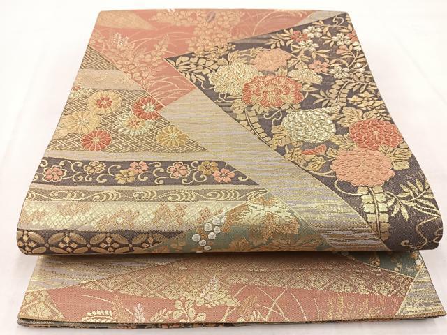 平和屋着物◎両面 六通柄袋帯 切嵌草花文 金銀糸 正絹 逸品 BAAX3009yc