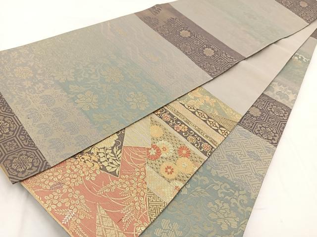 平和屋着物◎両面 六通柄袋帯 切嵌草花文 金銀糸 正絹 逸品 BAAX3009yc