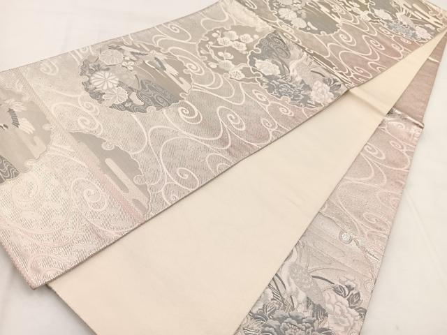 平和屋着物◎六通柄袋帯 唐織 飛鶴流水雪輪花文 銀糸 正絹 逸品 BAAX3012yc
