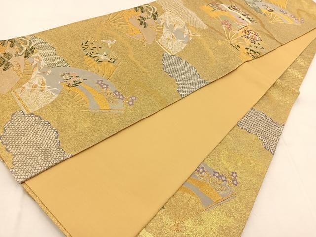 平和屋着物◎六通柄袋帯 飛鶴扇面風景花文 金銀糸 引箔 正絹 逸品 BAAX3023yc
