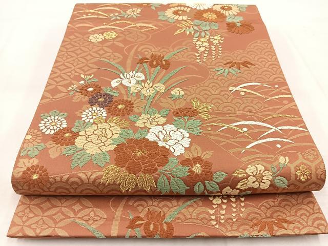 平和屋着物◎六通柄袋帯 唐織 吉祥花文 金糸 正絹 逸品 BAAX3028yc