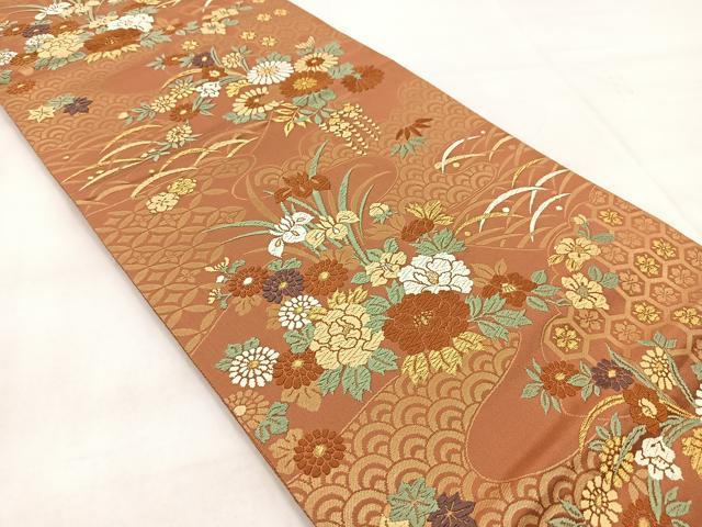 平和屋着物◎六通柄袋帯 唐織 吉祥花文 金糸 正絹 逸品 BAAX3028yc