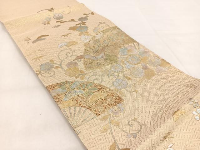 平和屋着物◎佐賀錦 太鼓柄袋帯 螺鈿 飛鶴扇面花文 松竹梅 金銀彩 三越扱い 正絹 逸品 BAAX3045yc