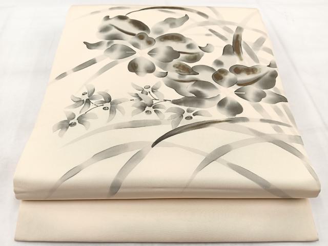 平和屋着物◎塩瀬 九寸開き名古屋帯 手描き 草花文 正絹 逸品 BAAX3055yc
