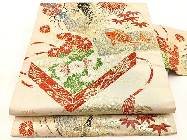平和屋着物◎アンティーク 大正ロマン 九寸名古屋帯 唐織 地紙鯉花文 金糸 正絹 逸品 BAAX3056yc