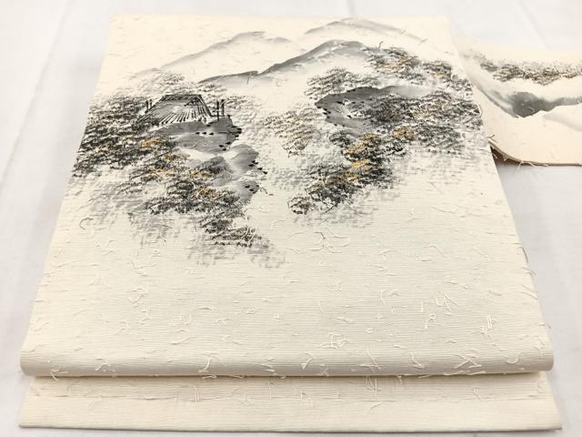 平和屋着物◎九寸名古屋帯 作家物 手描き 髭紬地 遠山風景文 金彩 正絹 逸品 BAAX3059yc
