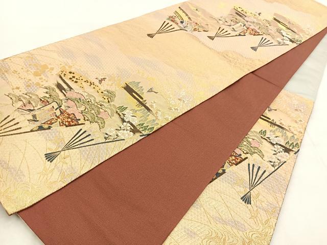 平和屋着物◎六通柄袋帯 唐織 扇花鳥文 金銀糸 正絹 逸品 BAAX3082yc