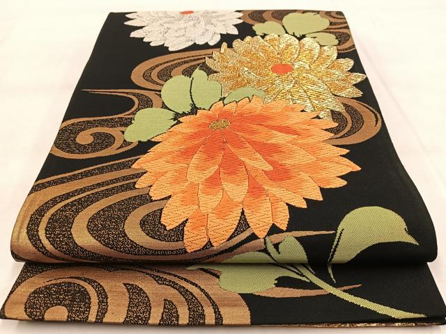 平和屋着物◎六通柄袋帯 唐織 菊水 黒地 金銀糸 正絹 逸品 BAAX3083yc