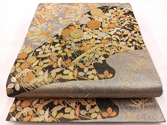 平和屋着物◎六通柄袋帯 流水秋草文 金銀糸 正絹 逸品 BAAX3093yc