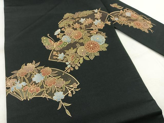 平和屋着物◎九寸名古屋帯 地紙花蝶文 黒地 金彩 BAAX3104yc