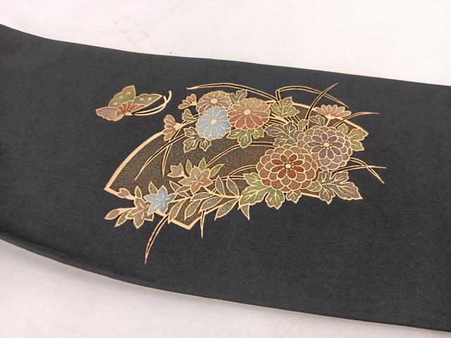平和屋着物◎九寸名古屋帯 地紙花蝶文 黒地 金彩 BAAX3104yc