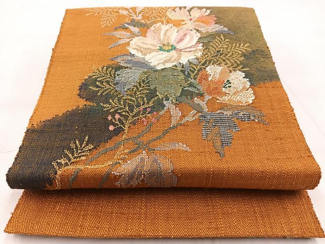 平和屋着物◎八寸名古屋帯 紬地 草花文 正絹 逸品 BAAX3105yc