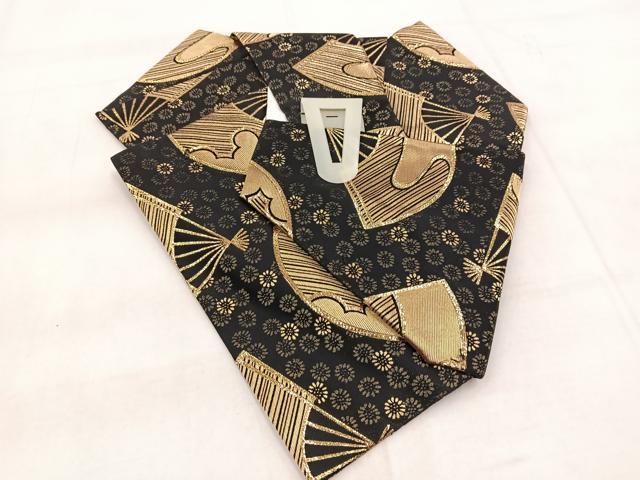 平和屋着物◎つけ帯 扇面花文 黒地 金糸 BAAX3118yc