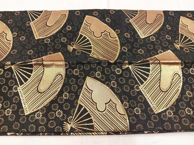 平和屋着物◎つけ帯 扇面花文 黒地 金糸 BAAX3118yc