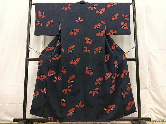 平和屋着物■上質な小紋 絞り 地紋起こし 椿笹の葉文 正絹 逸品 BAAX3147yc