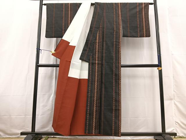 平和屋着物■上質な紬 吉祥間道 黒地 正絹 逸品 BAAX3189yc