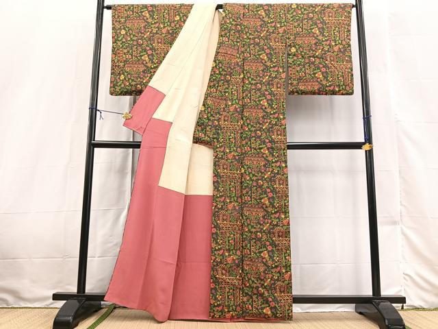 平和屋着物■上質な小紋 切嵌更紗花文 黒緑色 正絹 逸品 BAAX3233yc